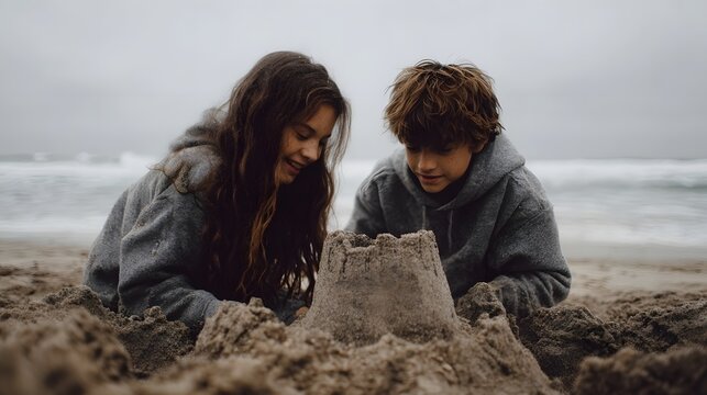 Two children a girl and a boy are happily building a sandcastle together on a sandy beach with the ocean in the background