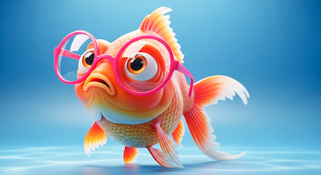 Orange cartoon goldfish wearing pink glasses character