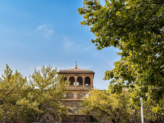 Beautiful street view of Old town in Pamplona with sunlit facades and quiet charm