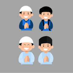 Four smiling cartoon boys in traditional islamic attire for diverse cultural, educational, and religiousthemed designs. Islamic children characters in traditional clothing for projects.