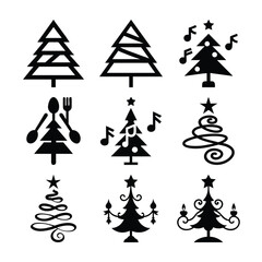 Collection of nine black silhouette christmas trees with various decorative elements