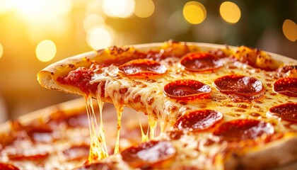 High-Detail Food Photography of Italian Pepperoni Pizza Slice, Featuring Crispy Crust and Cheesy Texture