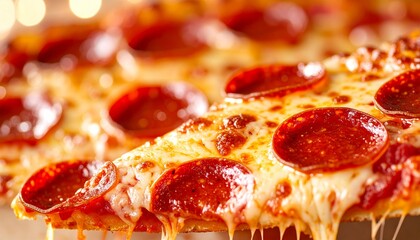 Tasty Pepperoni Pizza Slice with Melted Cheese on a Softly Blurred Background for Menu and Advertisement Use