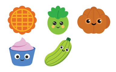 Cute cartoon food and vegetable characters with happy faces