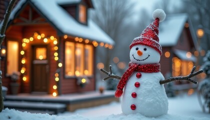 Cheerful snowman with red hat and scarf stands in snowy village. Glowing houses and festive lights create a warm holiday atmosphere. Christmas, New Year, greeting cards, and seasonal decor.