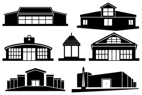 set of Shopping mall exterior silhouette vector illustration, isolated on white background