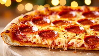 Macro Shot of Greasy Pepperoni Pizza with Cheesy Melt and Crispy Edges, Highlighting Delicious Italian Fast Food