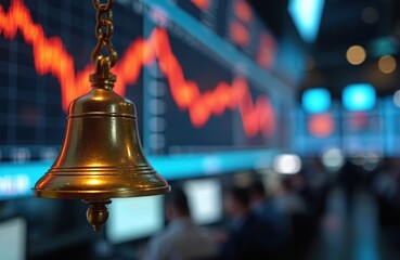Gold bell hangs inside a trading floor. Red market data graph displays on large screen. Traders in the background watch the financial chart, analyze indicators.