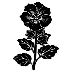 Elegant black silhouette of a hibiscus flower with buds and leaves on a white background