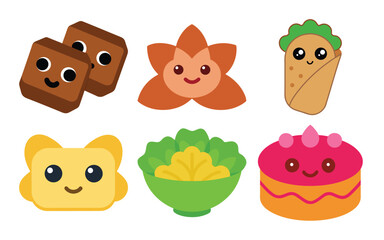 Cute cartoon food characters including brownies, flower, burrito, toast, salad, and cake