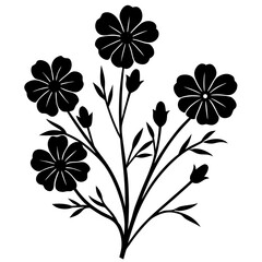 Stylized black silhouette of a delicate flower branch with buds and leaves