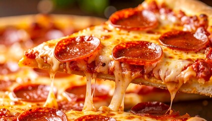 Delicious Pepperoni Pizza Close-Up with Melted Cheese and Crispy Edges, Ideal for Culinary Marketing and Social Media