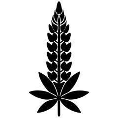 Black silhouette of a lupine flower with detailed petals and leaves on a white background