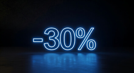 A captivating visual of a luminous, eye-catching  -30% sign illuminates the scene, hinting at a remarkable deal and tempting potential customers, using neon light effect to draw attention.