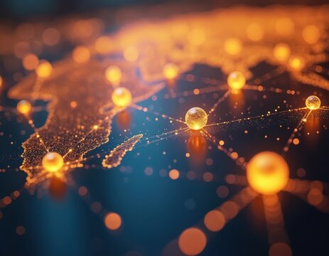 Abstract global network map shows bright glowing nodes, connecting lines over continents. Digital visualization represents worldwide internet infrastructure, data flow, tech communication, info