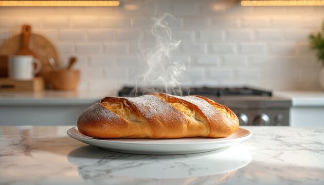Freshly baked artisan loaf steams gently on white plate in kitchen setting. Golden brown crust dusted with flour, appetizing texture, ready for slicing. Simple meal prep ingredient.