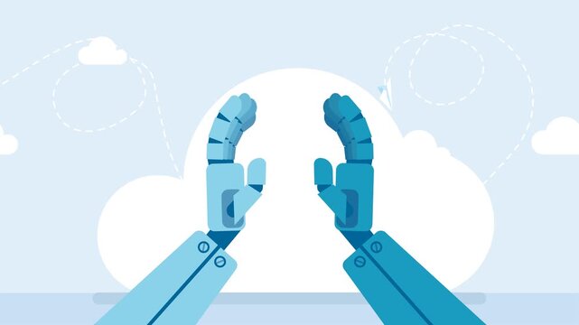 Making high five sign, clapping, cooperation of one robot with another. Working together with Artificial Intelligence, AI help or support coworker, assistance, partnership concept. 2d flat animation