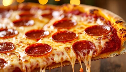 Close-up of a Pepperoni Pizza Slice with Melted Cheese and Crispy Crust, Perfect for Food Photography and Restaurant Promotions
