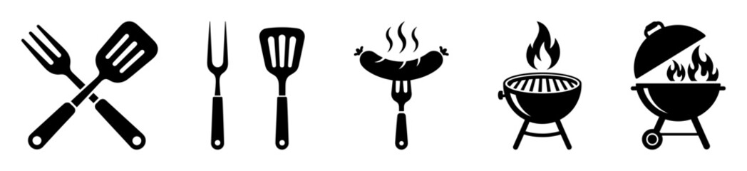 Set of barbecue icons, simple black and white vector illustration of grilling tools isolated on white background