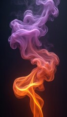 Purple and orange smoke wisps ascend and blend on black. Abstract fluid motion creates dynamic visual patterns, suggesting energy and creativity for graphic design.
