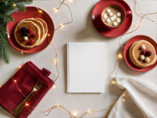 Top view of winter breakfast with pancakes, hot chocolate and blank notebook surrounded by Christmas lights