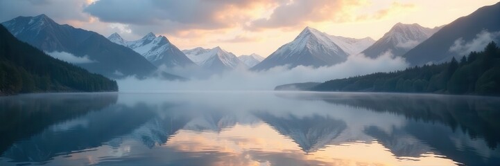 Still loch reflects misty peaks, sunlit edges , sun, dramatic