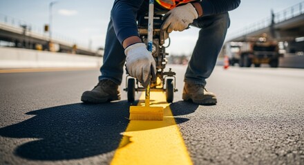 Worker marking asphalt road with yellow paint and line striping machine on sunny day. Concept for road maintenance, traffic management and urban planning project