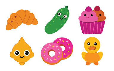 Collection of cute cartoon food and animal characters including a croissant, pickle, cupcake, donut, chick, and a yellow character
