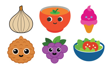 Cute cartoon food characters including a garlic bulb, tomato soup, ice cream cone, walnut, grapes, and salad