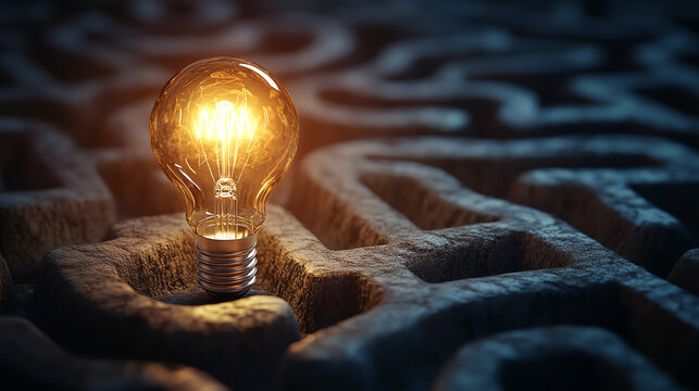 light bulb illuminating dark maze, inspiration in confusion