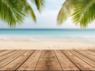 Empty wooden table top with a blurred tropical beach background. Palm leaves frame the sea view. Product display mockup.
