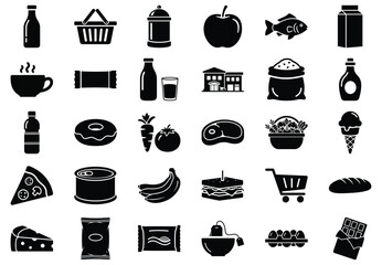 Assortment of grocery store icons, featuring food, drink, and shopping symbols for various products and items available in a supermarket