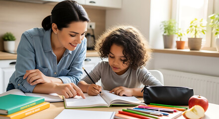 Caring mother helping her young daughter with homework at home.