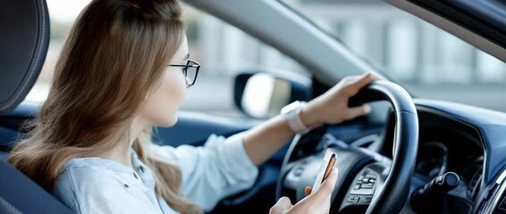 A young woman navigates the road while using her phone, showing the risks of distraction behind the wheel