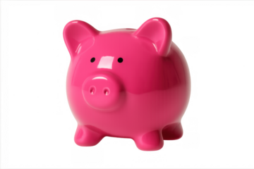 Pink piggy bank saving money concept, ceramic pig coin box accumulating wealth for financial future on transparent background
