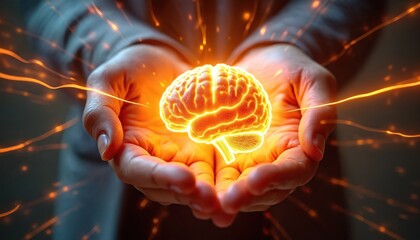 Hands hold glowing brain with energy rays. Concept shows intelligence idea innovation creativity future thinking. Metaphor presents power of human mind imagination potential insight inspiration.