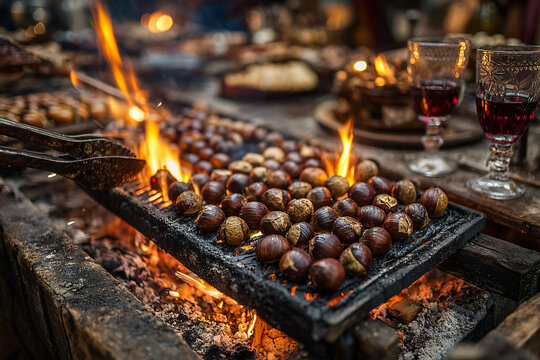Close-up of roasted chestnuts on an open fire during the Magosto Festival in Le&oacute;n, Spain. Hands turning chestnuts with metal tools, sparks flying