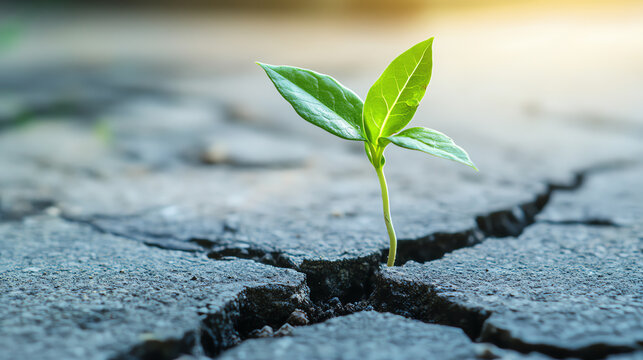 plant growing through cracks of concrete, resilience and determination concept