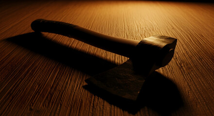 Axe on Wooden Table in Dark Lighting | Sinister Axe Image for Horror Film Posters, Crime Drama Backgrounds and Mystery Story Visuals