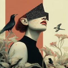 Surreal digital art depicting a woman wearing a geometric mask hiding her eyes, surrounded by birds and flowers, evoking mystery, nature, and altered perception