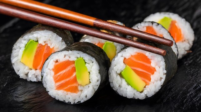 Chopsticks resting on salmon and avocado maki rolls on a black surface