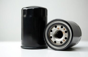 Two black car oil filters sit on a white surface. One filter is upright, its mate lies on its side, revealing metal plate with holes and gasket.