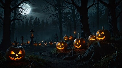 Spooky Halloween Forest with Glowing Pumpkins and Full Moon V2