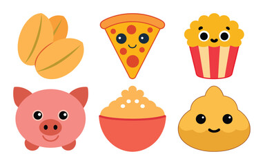Cute cartoon food and animal characters including a slice of pizza, cupcake, pig, popcorn, and other food items