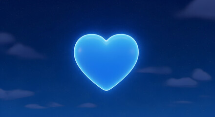 Glowing Blue Heart in Dark Blue Sky with Clouds | Digital Love Symbol for Social Media, Romantic Themes and Healthcare Marketing