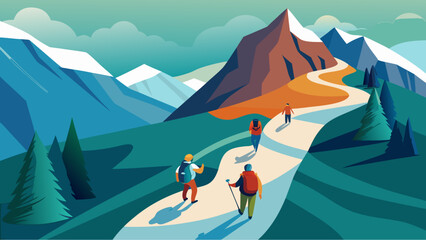 Group of hikers walking along a winding mountain trail with snow-capped peaks, pine trees and scenic landscape