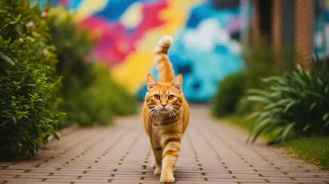 Ginger cat confidently struts down a brick path with colorful mural backdrop
