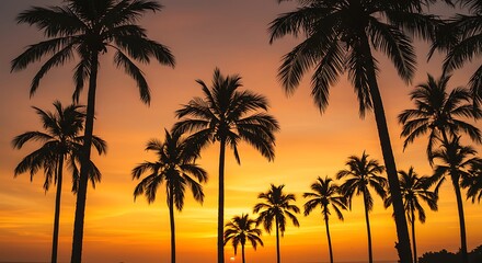 Naklejka premium Tropical sunset with silhouetted palm trees against a vibrant orange and yellow sky, evoking a sense of paradise
