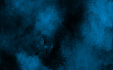 Abstract black background with smokes. Blue powder explosion on black background. Blue stained grungy background. Color particle burn effects. Grungy dark canvas background.