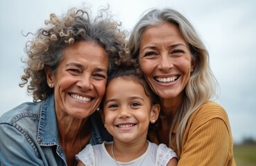 Obraz premium Multigenerational latin family shares joyful moment outdoors. Grandmother mother, young girl smile warmly together on rooftop terrace. Image celebrates love connection, heritage within diverse family